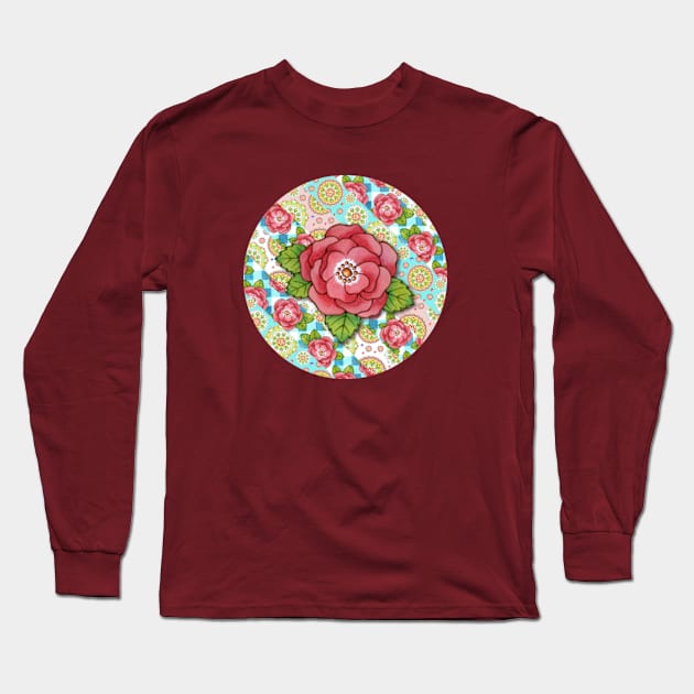 Mandala and Rose Stripe Long Sleeve T-Shirt by PatriciaSheaArt